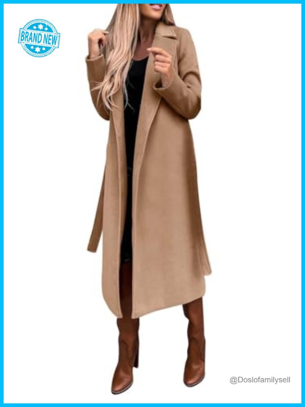 Womens Long Wool Blend Pea Coat Notched Collar Open Front Trench with Belt
